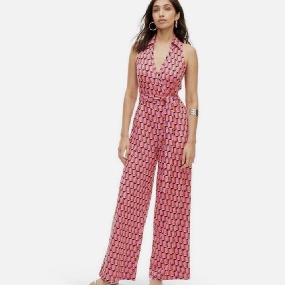 DVF for Target Pink Modern Geo Wide-Leg Sleeveless Collared Jumpsuit Size XS